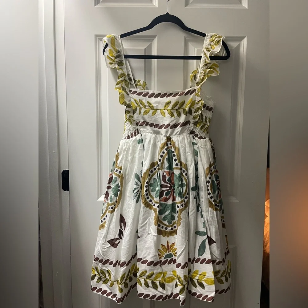 NWOT Anthropologie White Dress with Green and Brown Accents - Picture 1 of 3